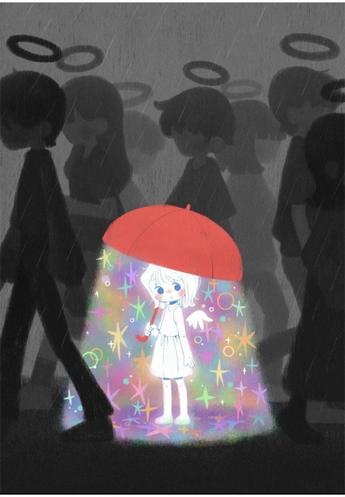 Small bright figure beneath a red umbrella