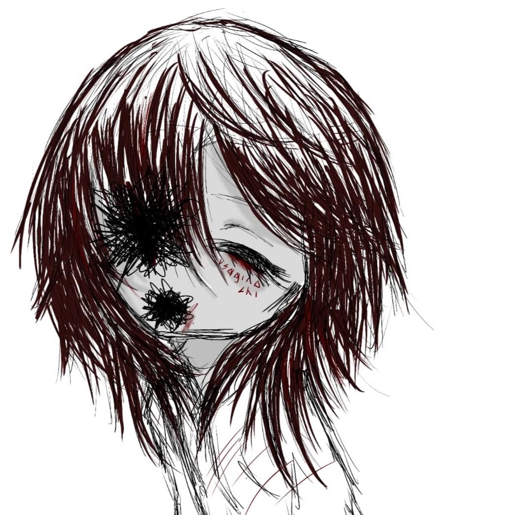 Ink drawing of a girl with dark eyes