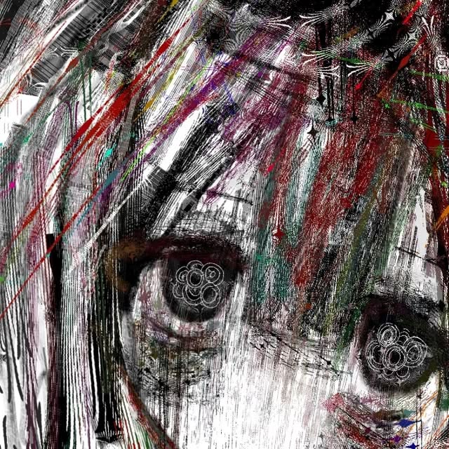 Distorted monochrome face with red scratches