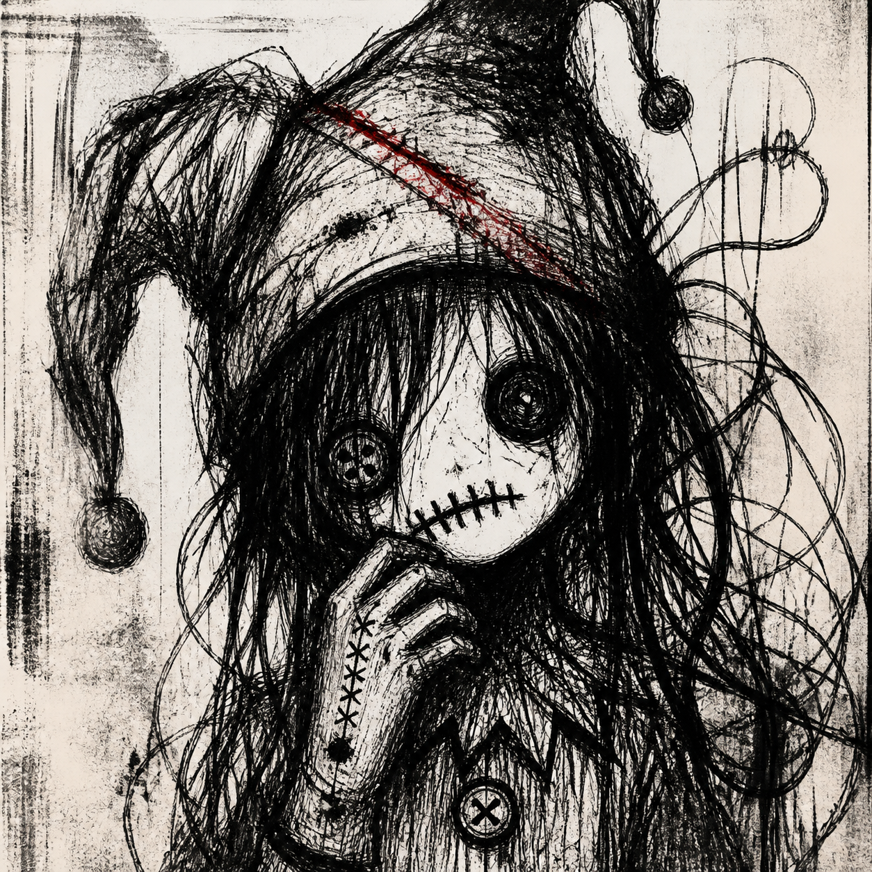 Raw black ink portrait of a lonely jester