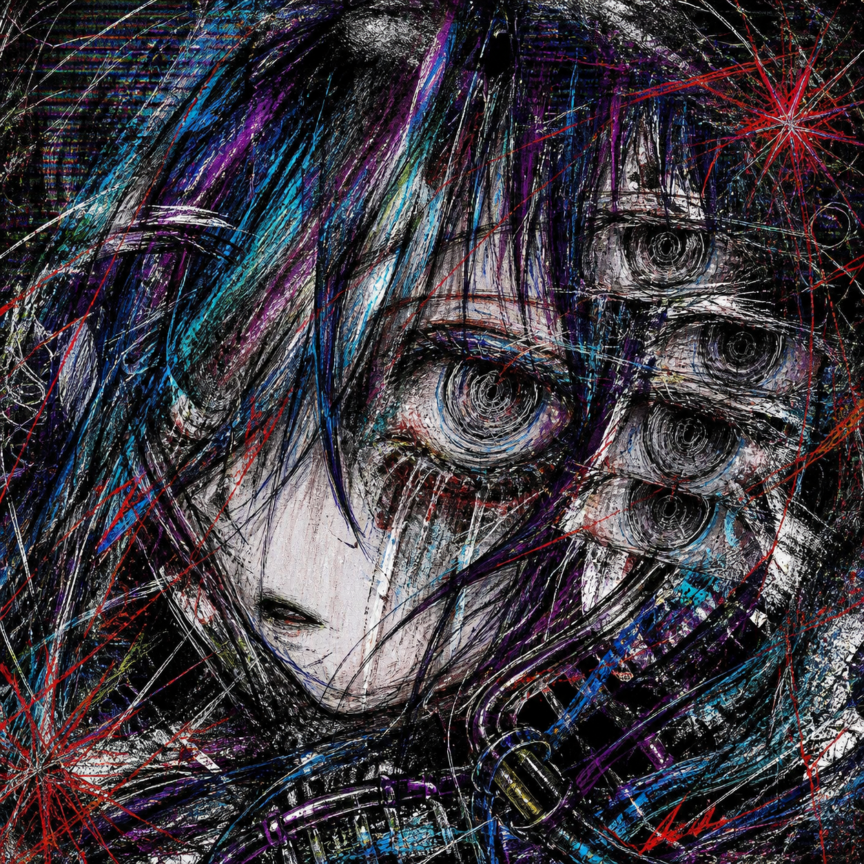 Distorted analog collage portrait with repeated eyes