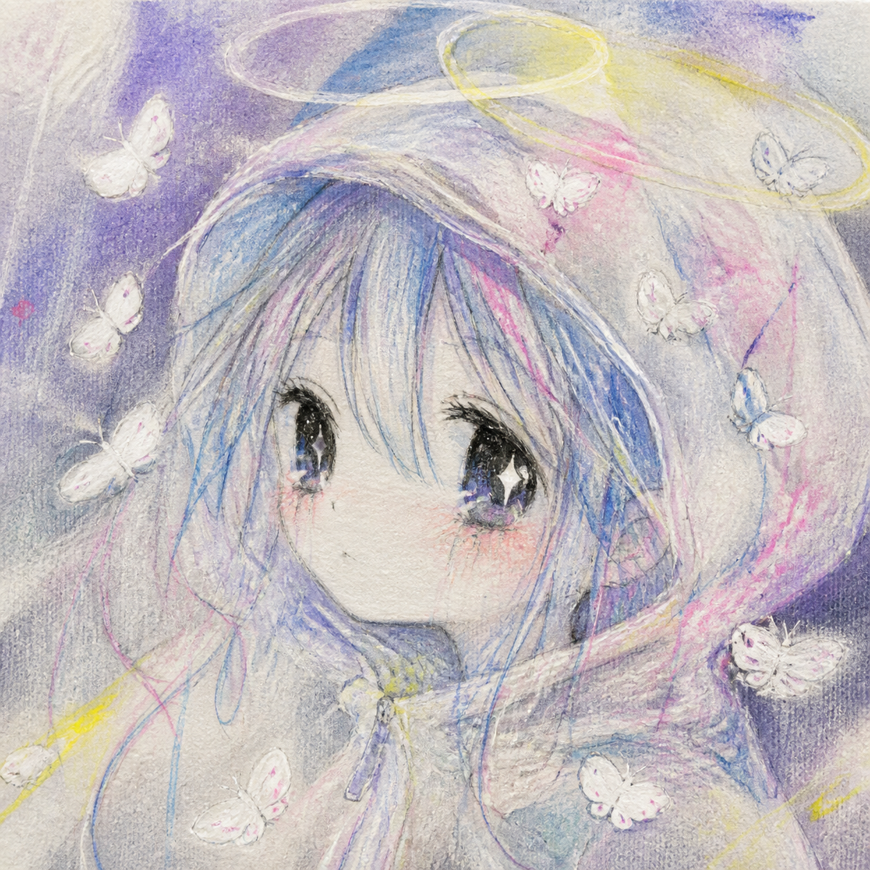 Pale watercolor portrait surrounded by paper moths