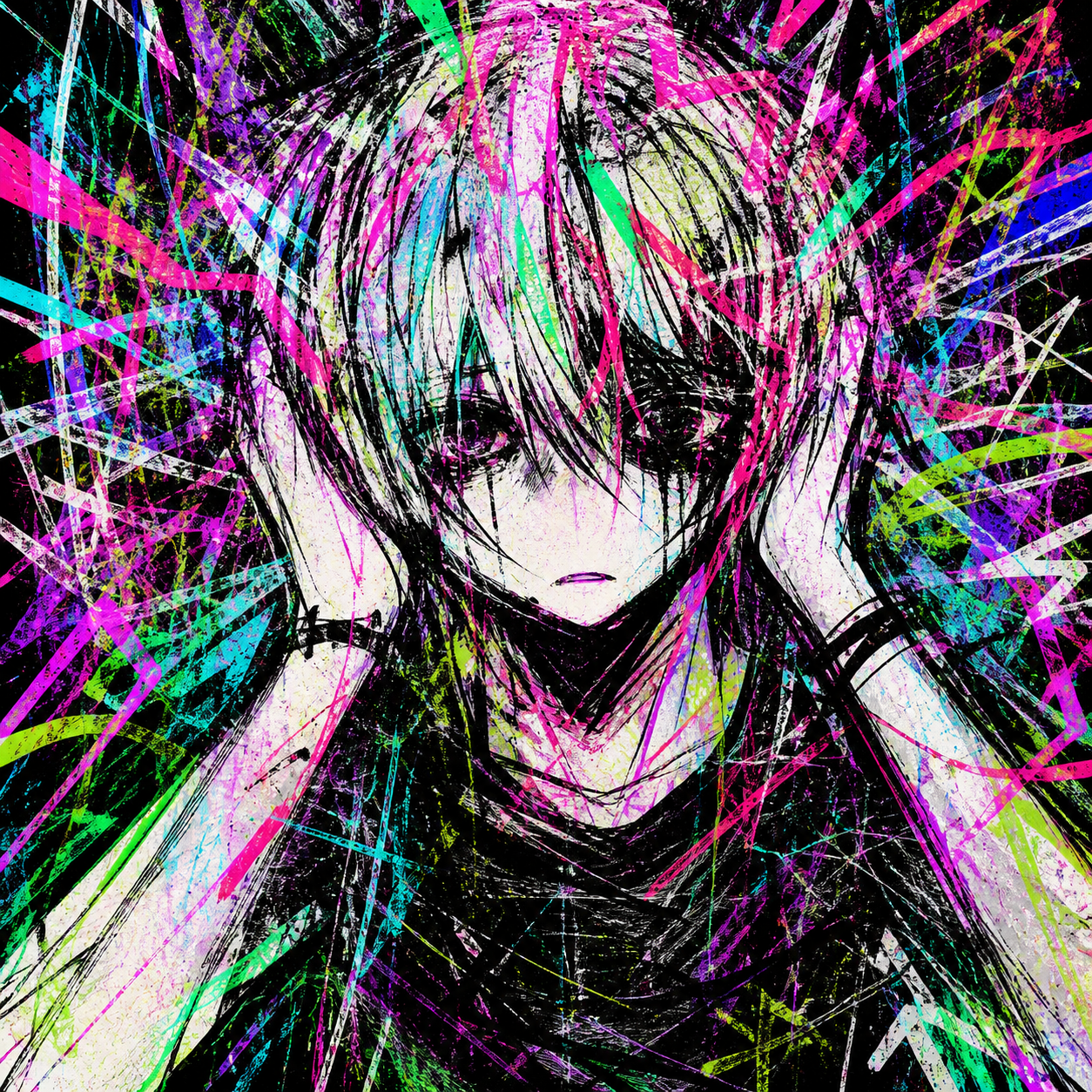 Fluorescent hand-drawn portrait covering their ears